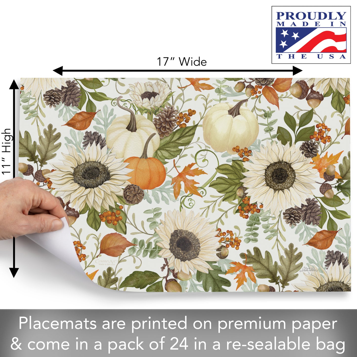 CounterArt Farmhouse Fall 24 Premium Paper Placemats in Resealable Storage Bag Made in The USA