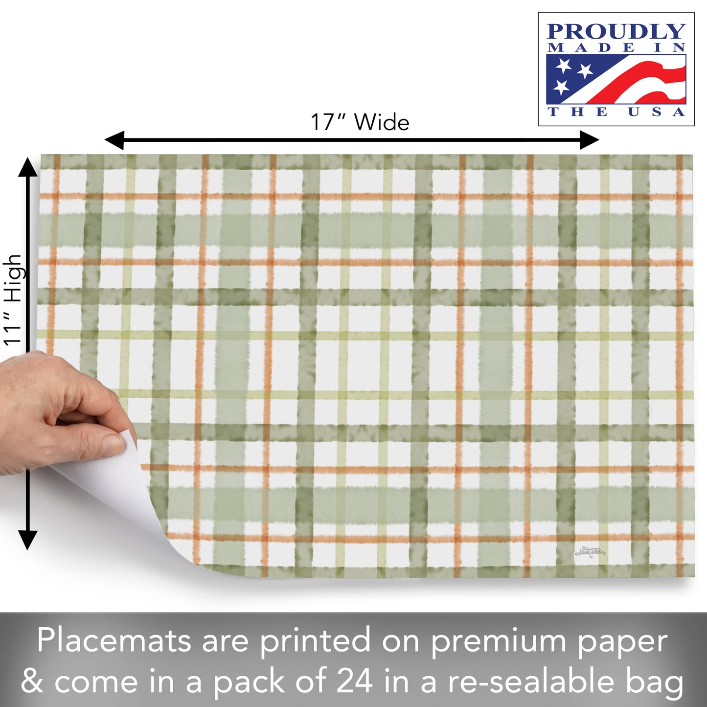 CounterArt Farmhouse Plaid 24 Premium Paper Placemats in Resealable Storage Bag Made in The USA 17" x 11"