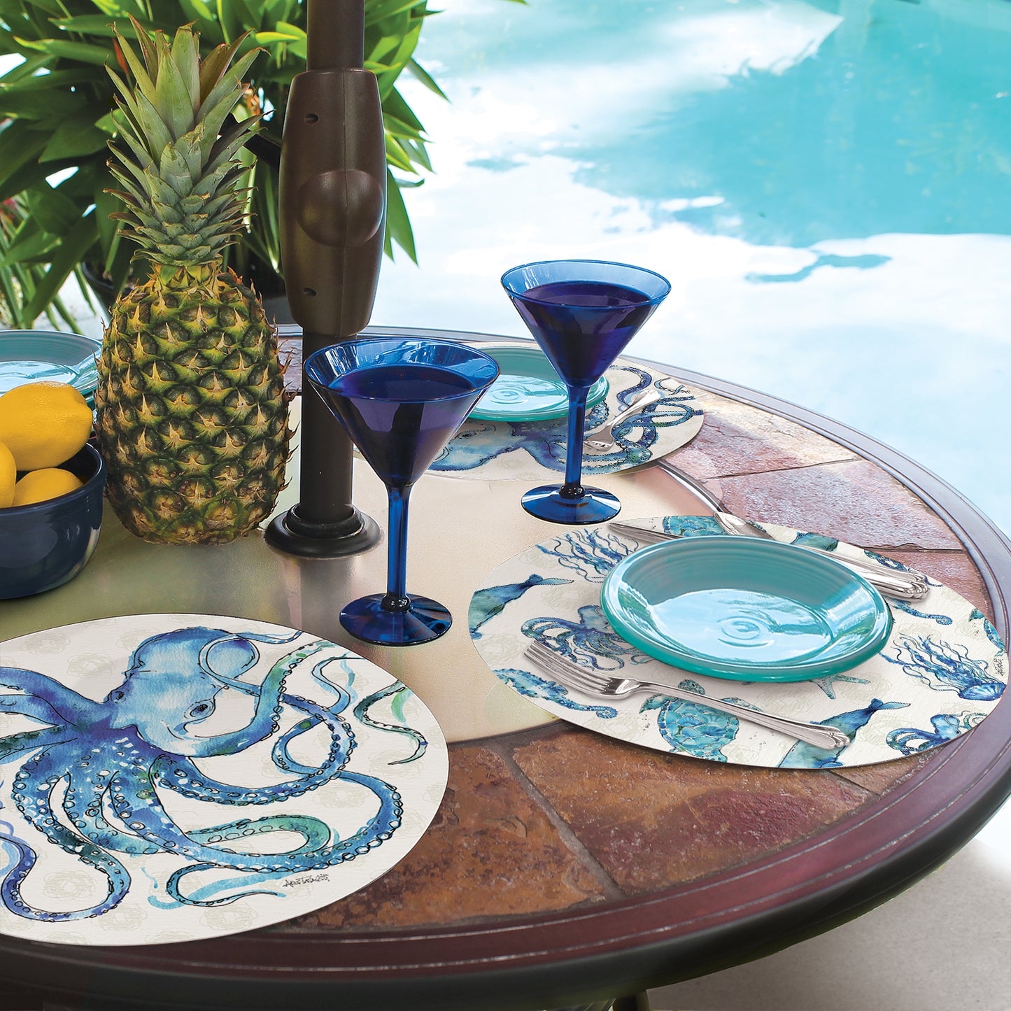CounterArt Deep Sea 4 Pack Round Reversible Easy Care Placemats Made in The USA 13.5" Diameter