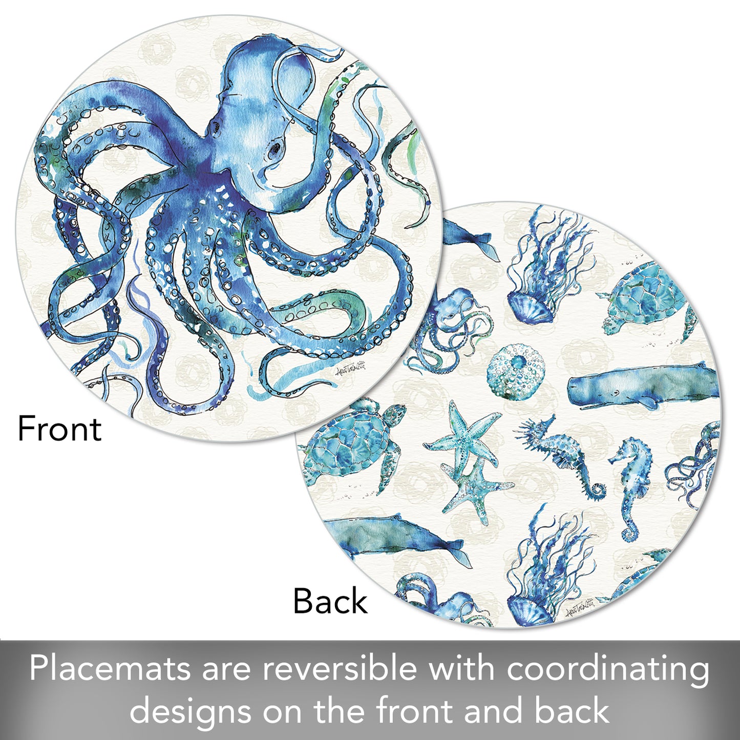 CounterArt Deep Sea 4 Pack Round Reversible Easy Care Placemats Made in The USA 13.5" Diameter
