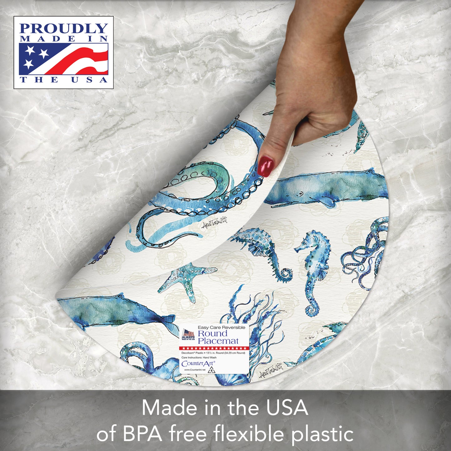 CounterArt Deep Sea 4 Pack Round Reversible Easy Care Placemats Made in The USA 13.5" Diameter