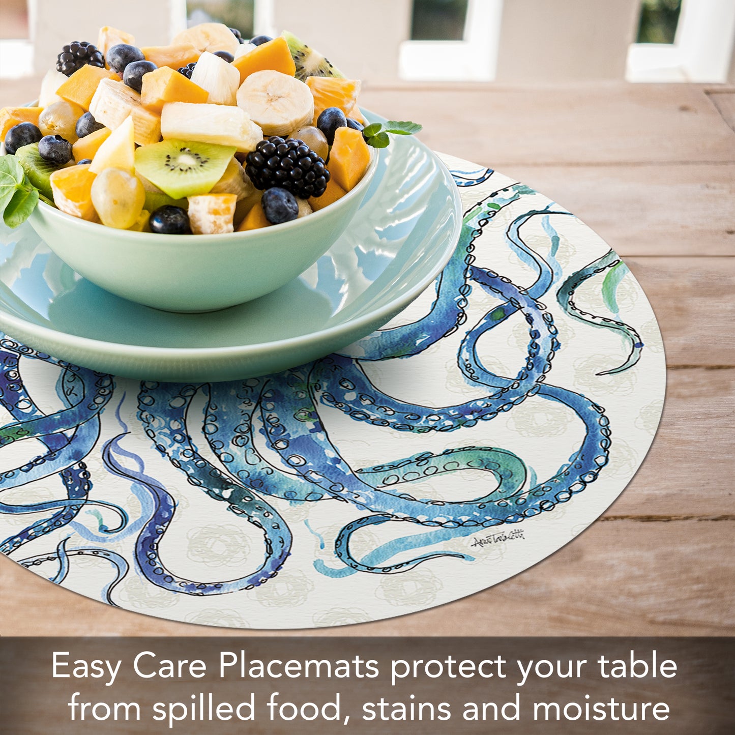 CounterArt Deep Sea 4 Pack Round Reversible Easy Care Placemats Made in The USA 13.5" Diameter
