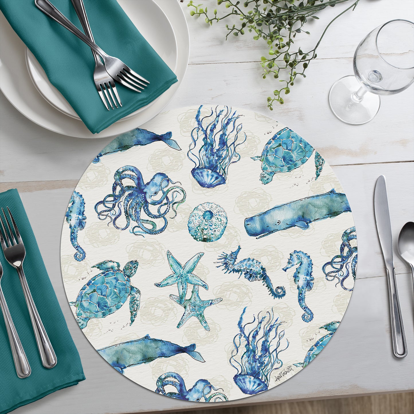CounterArt Deep Sea 4 Pack Round Reversible Easy Care Placemats Made in The USA 13.5" Diameter