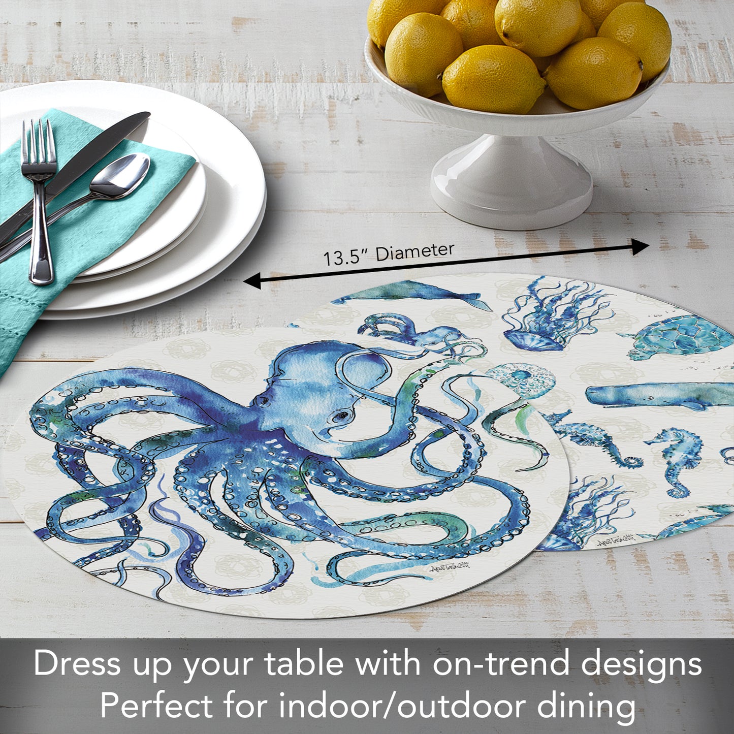 CounterArt Deep Sea 4 Pack Round Reversible Easy Care Placemats Made in The USA 13.5" Diameter