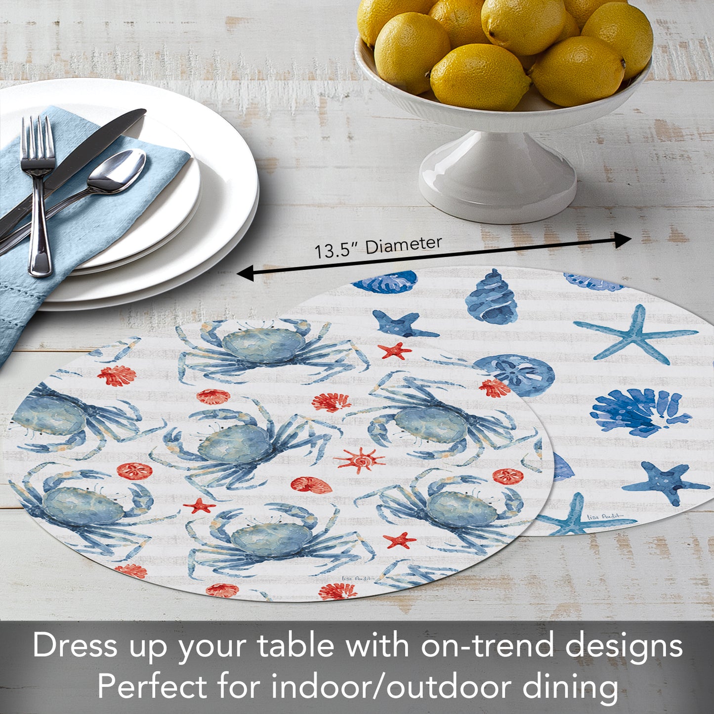 CounterArt Crabs 4 Pack Round Reversible Easy Care Placemats Made in the USA