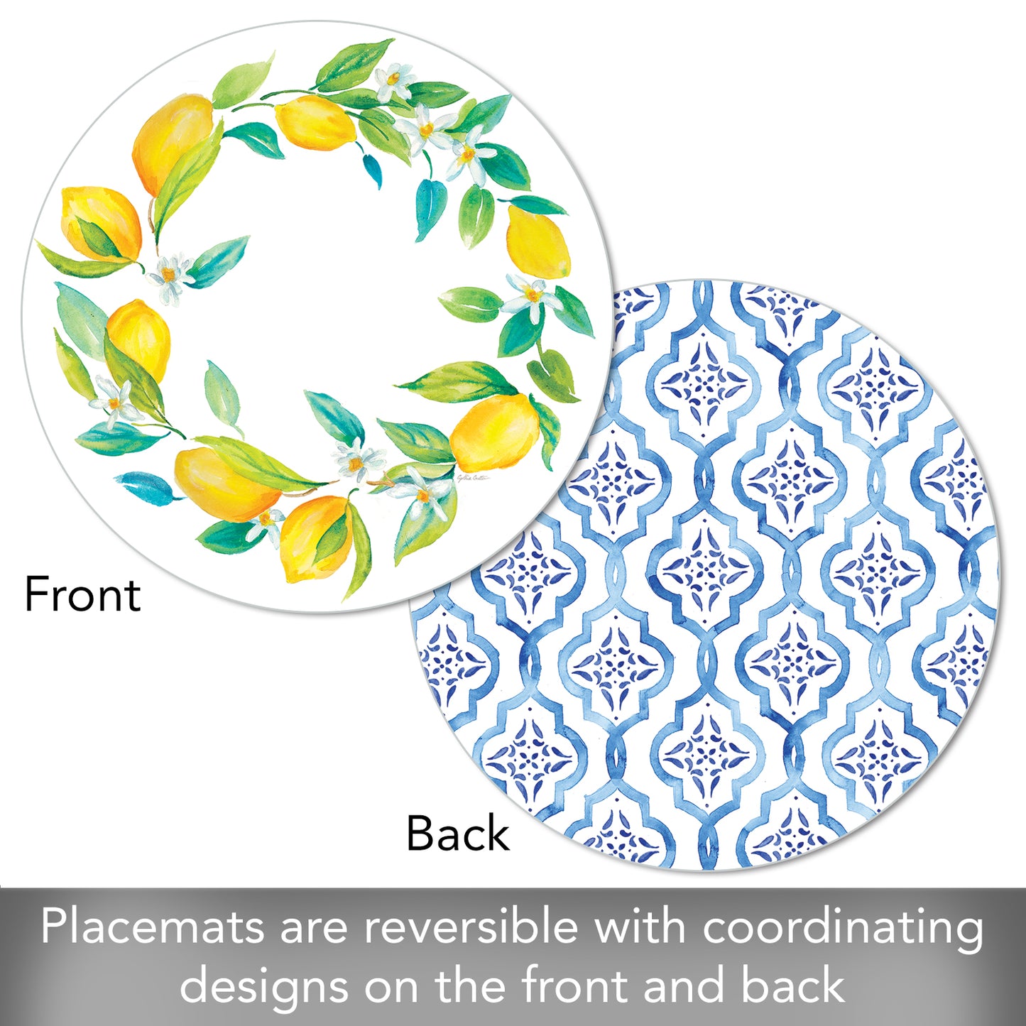 CounterArt Lovely Lemons 4 Pack Round Reversible Easy Care Placemats Made in the USA