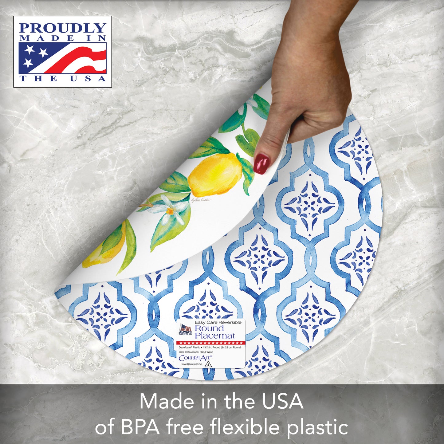 CounterArt Lovely Lemons 4 Pack Round Reversible Easy Care Placemats Made in the USA