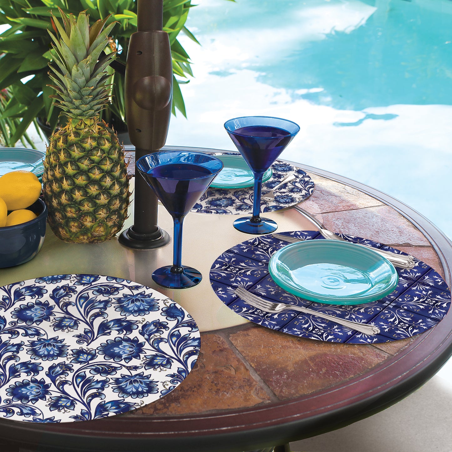 CounterArt Shades of Blue 4 Pack Round Reversible Easy Care Flexible Placemats Made in the USA