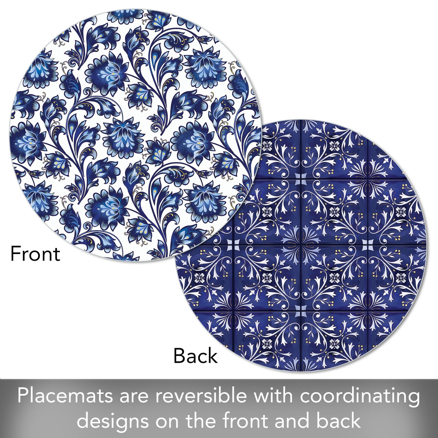 CounterArt Shades of Blue 4 Pack Round Reversible Easy Care Flexible Placemats Made in the USA