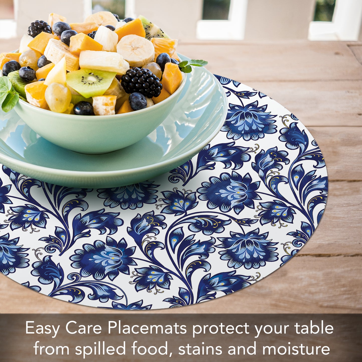 CounterArt Shades of Blue 4 Pack Round Reversible Easy Care Flexible Placemats Made in the USA