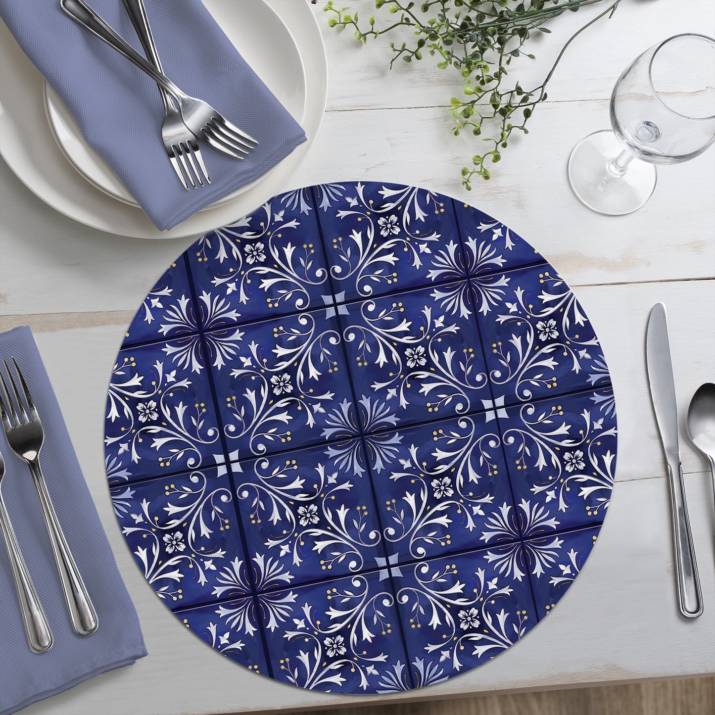 CounterArt Shades of Blue 4 Pack Round Reversible Easy Care Flexible Placemats Made in the USA