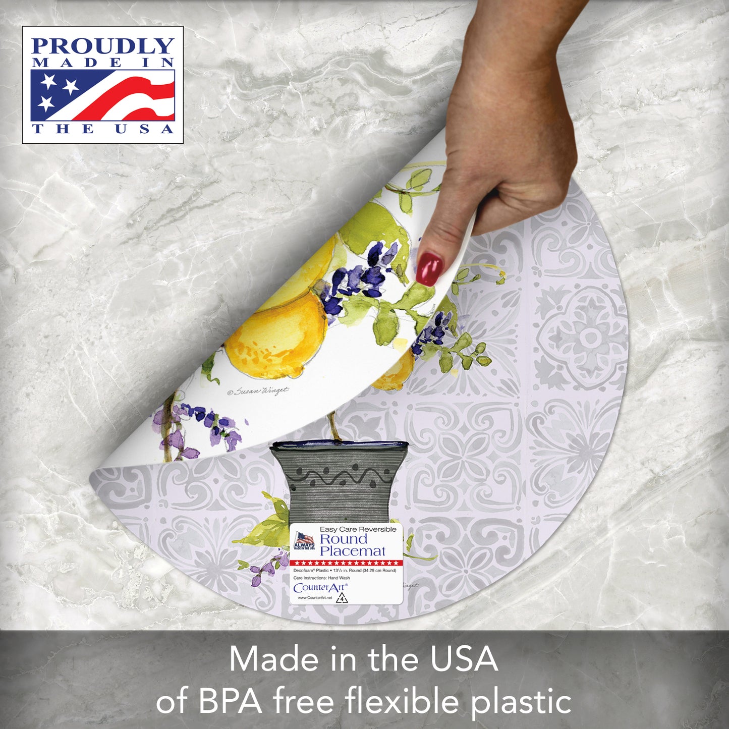 CounterArt Watercolor Lemons 4 Pack Round Reversible Easy Care Placemats Made in the USA
