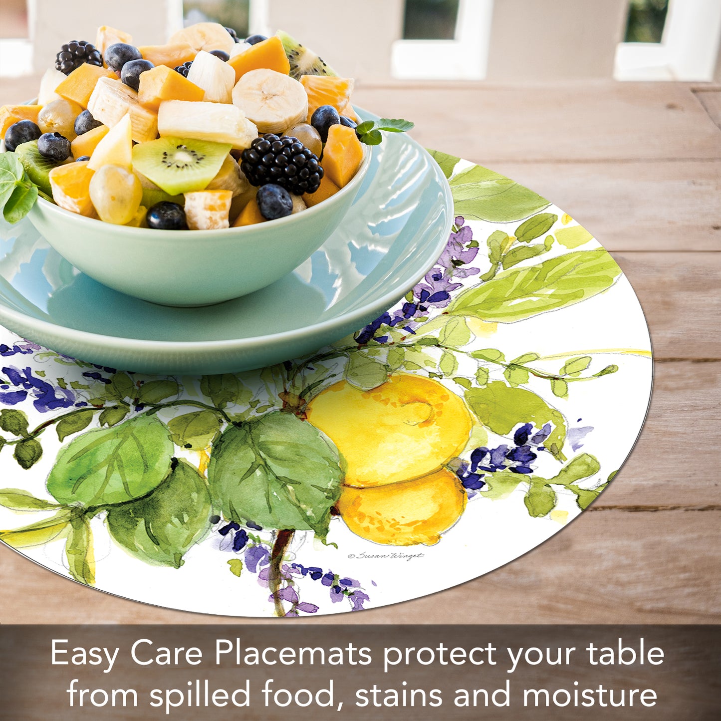 CounterArt Watercolor Lemons 4 Pack Round Reversible Easy Care Placemats Made in the USA