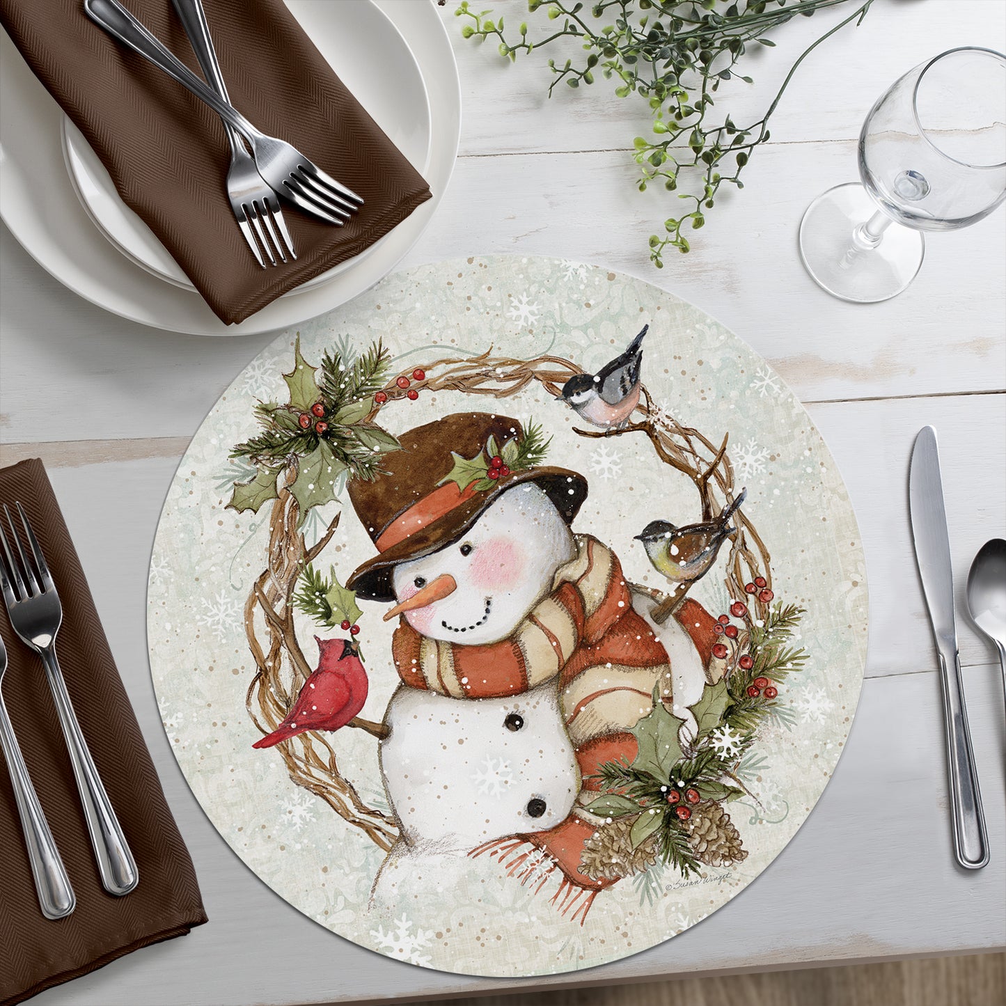 CounterArt Winter Forest Santa 4 Pack Round Reversible Easy Care Flexible Plastic Placemats Made in The USA 13.5" Diameter