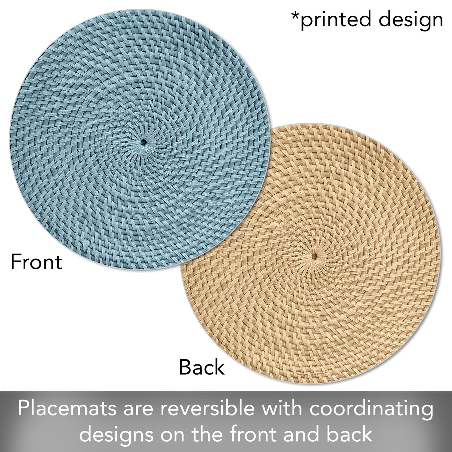 CounterArt Blue Natural Faux Basketweave 4 Pack Round Reversible Easy Care Flexible Plastic Placemats Made in The USA Reversible Flexible Easily Wipes Clean