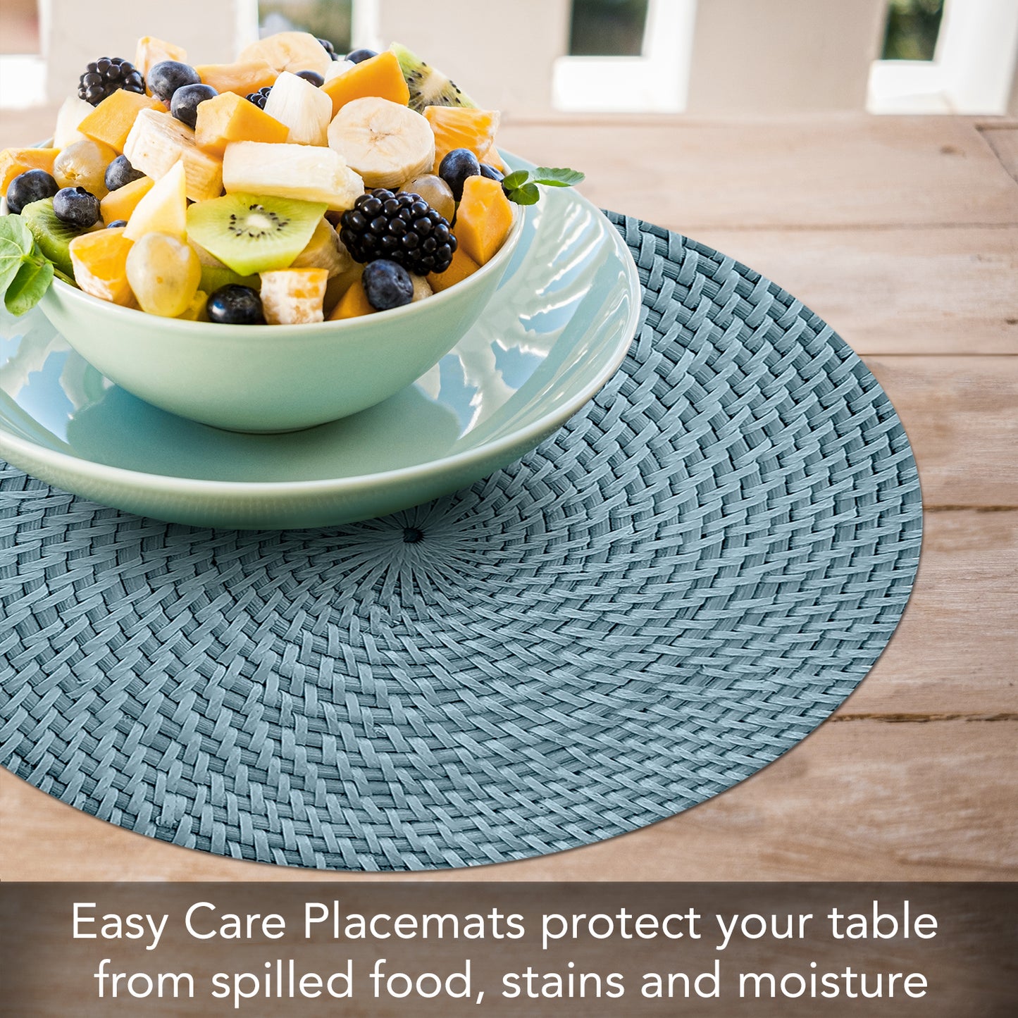 CounterArt Blue Natural Faux Basketweave 4 Pack Round Reversible Easy Care Flexible Plastic Placemats Made in The USA Reversible Flexible Easily Wipes Clean