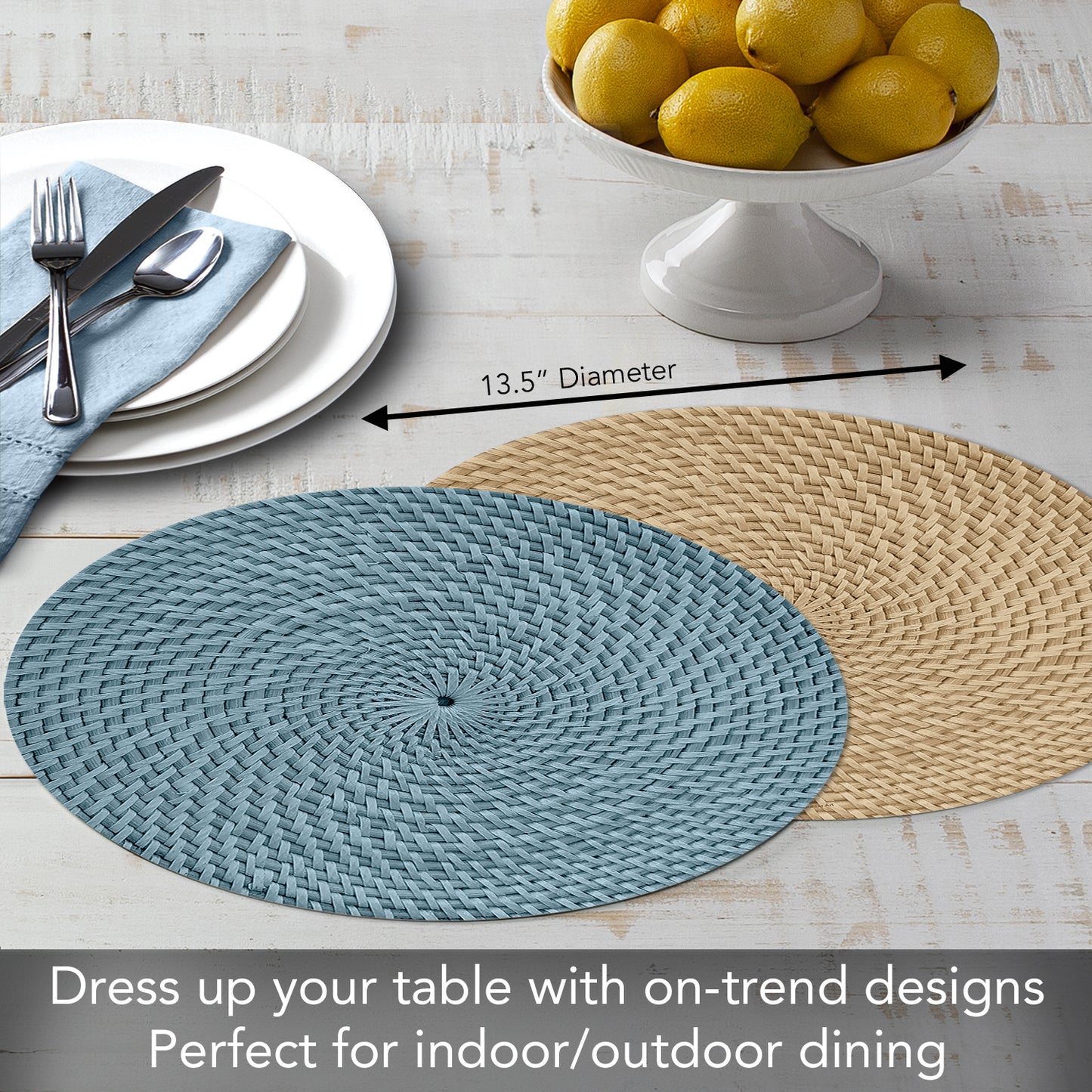 CounterArt Blue Natural Faux Basketweave 4 Pack Round Reversible Easy Care Flexible Plastic Placemats Made in The USA Reversible Flexible Easily Wipes Clean