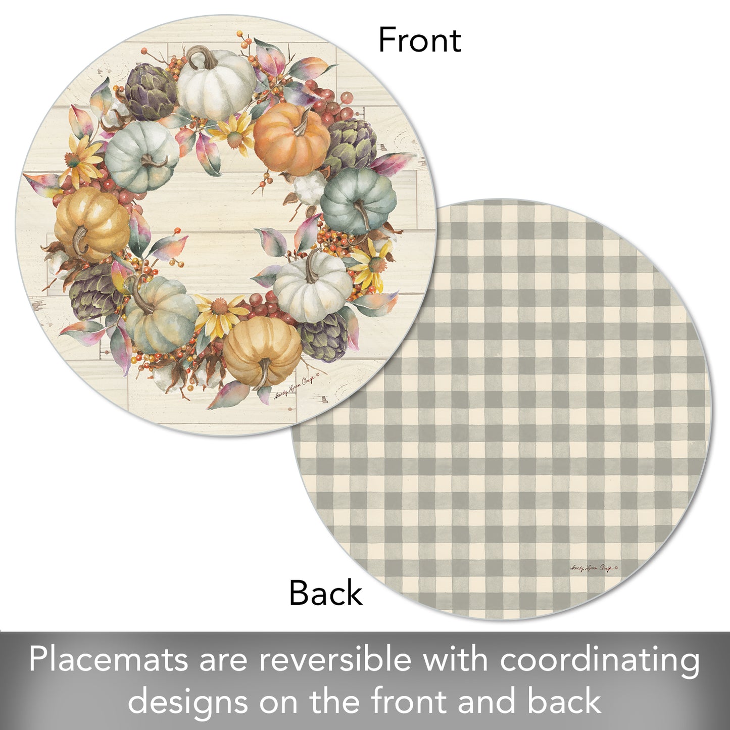 CounterArt Pumpkin Time 4 Pack Round Reversible Easy Care Flexible Placemats Made in the USA