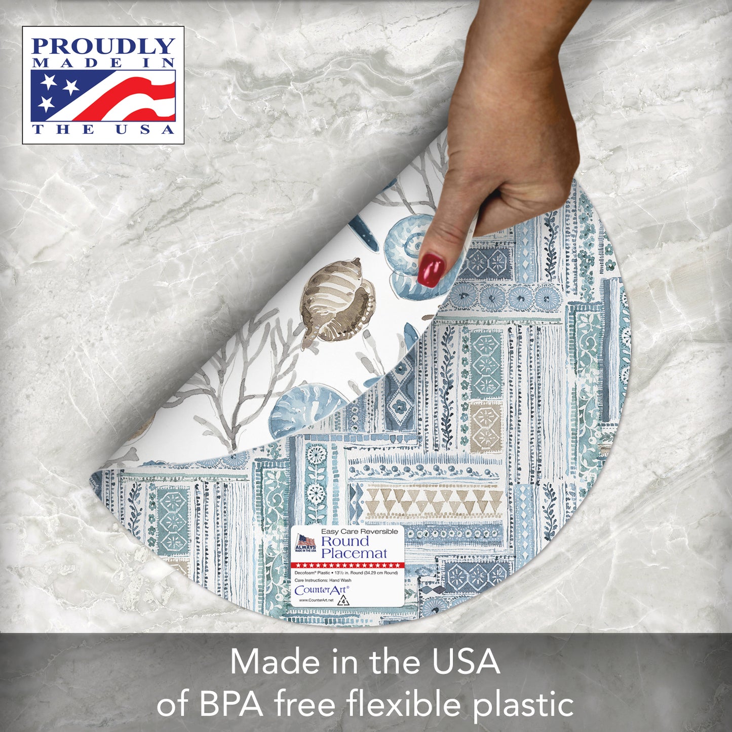 CounterArt Blue Escape 4 Pack Reversible Round Easy Care Flexible Placemats Made in the USA