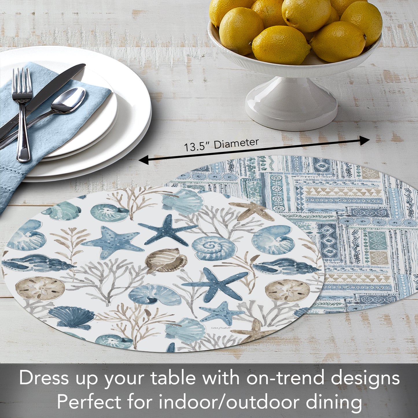 CounterArt Blue Escape 4 Pack Reversible Round Easy Care Flexible Placemats Made in the USA