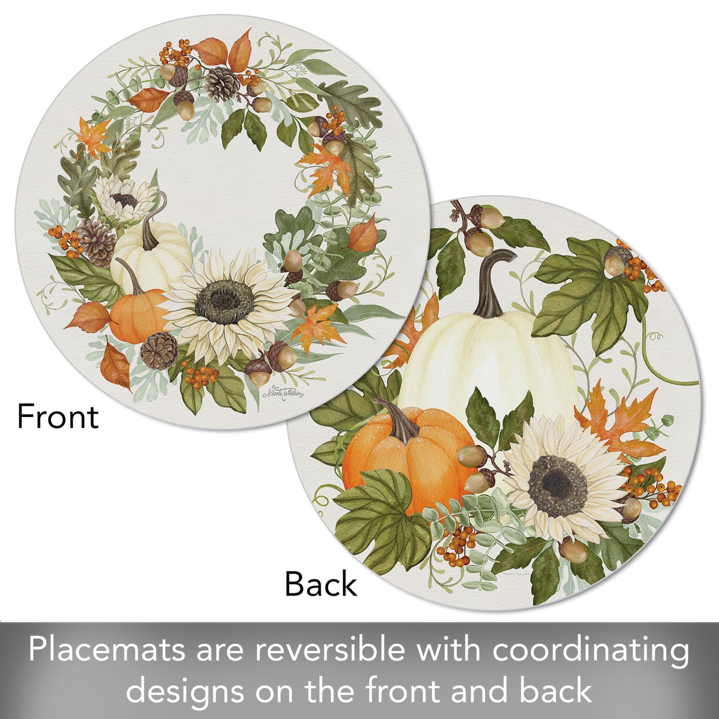 CounterArt Farmhouse Fall 4 Pack Round Reversible Easy Care Flexible Placemats Made in the USA