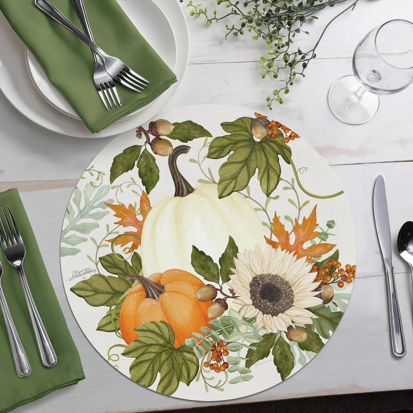 CounterArt Farmhouse Fall 4 Pack Round Reversible Easy Care Flexible Placemats Made in the USA