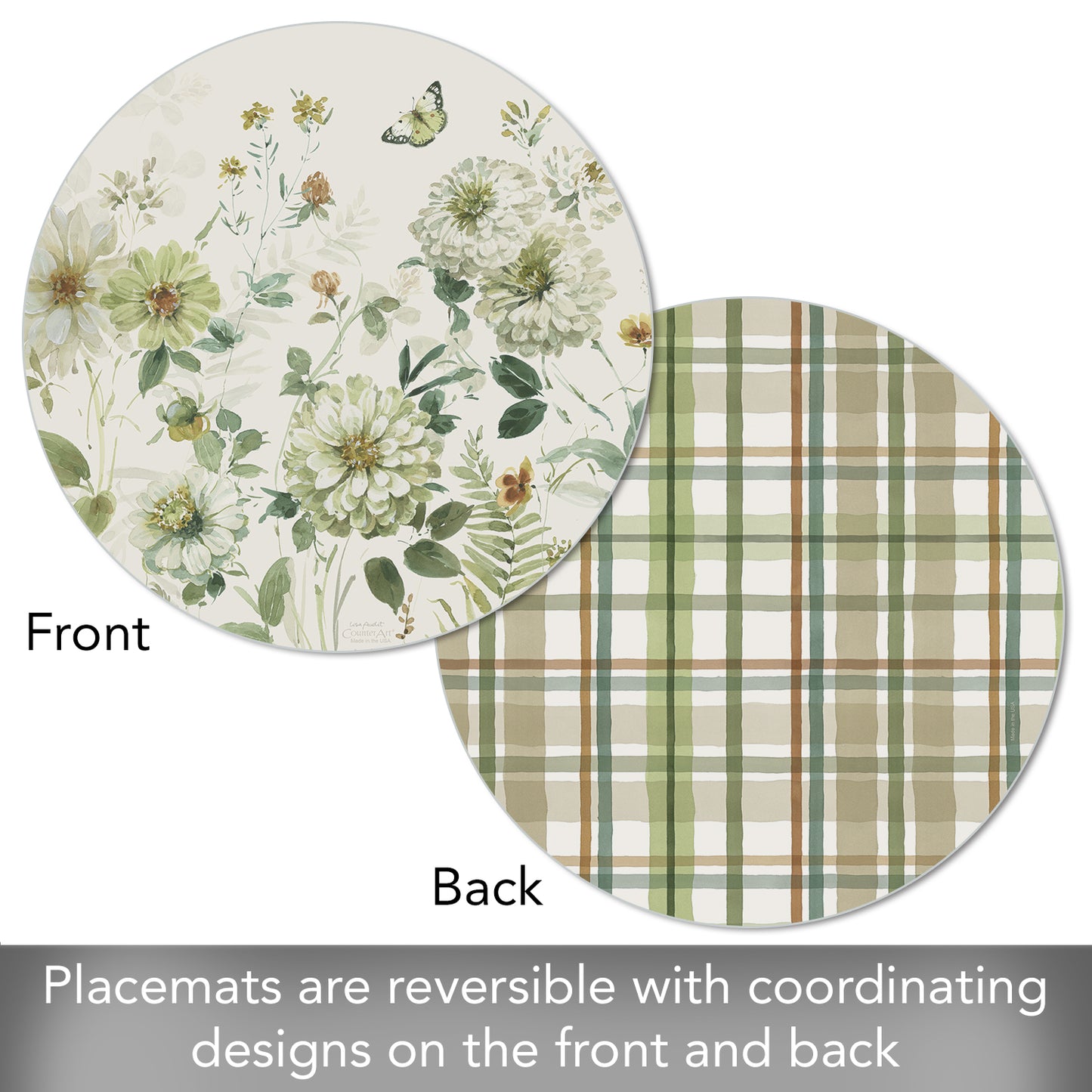 CounterArt Green Fields 4 Pack Round Reversible Easy Care Flexible Placemats Made in the USA