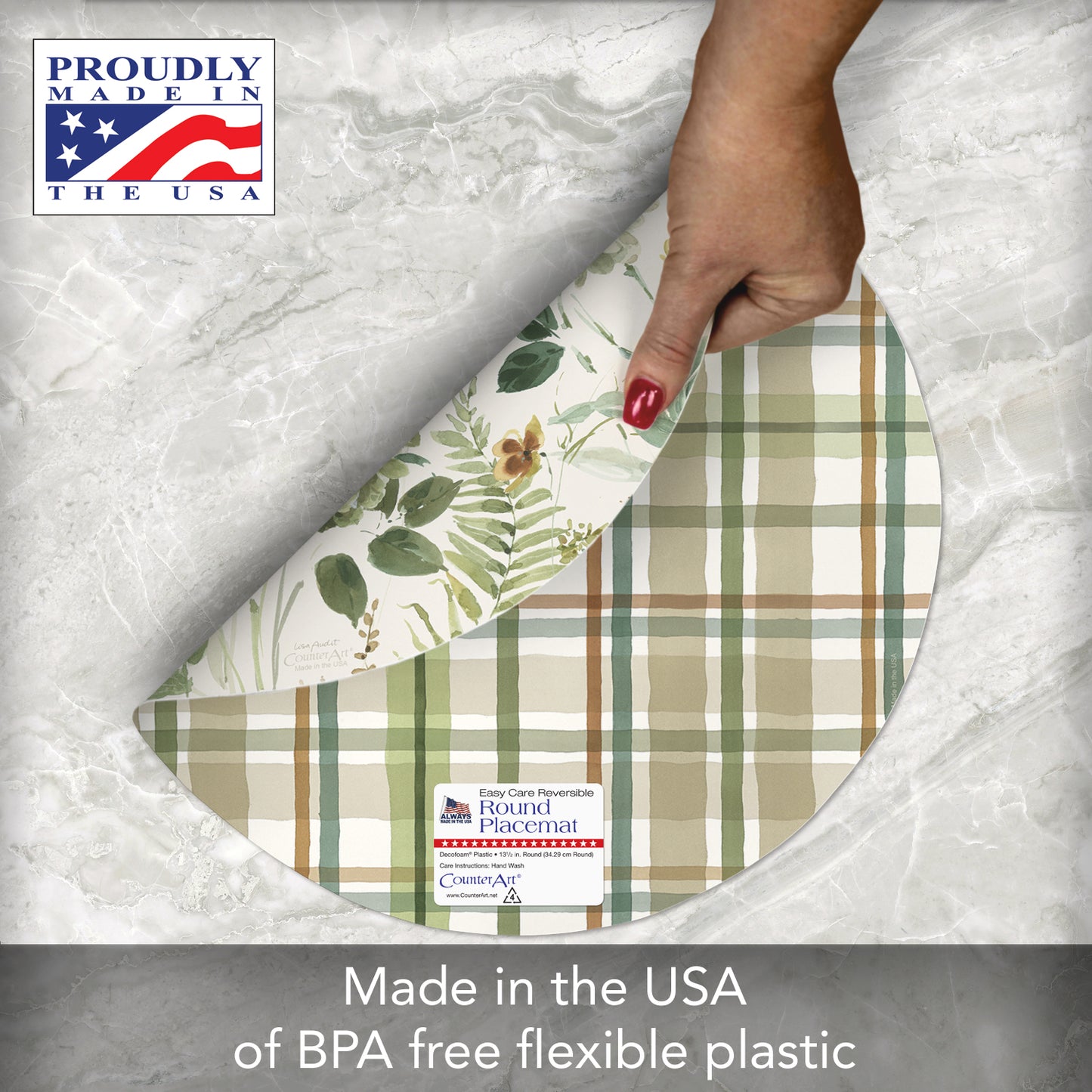 CounterArt Green Fields 4 Pack Round Reversible Easy Care Flexible Placemats Made in the USA
