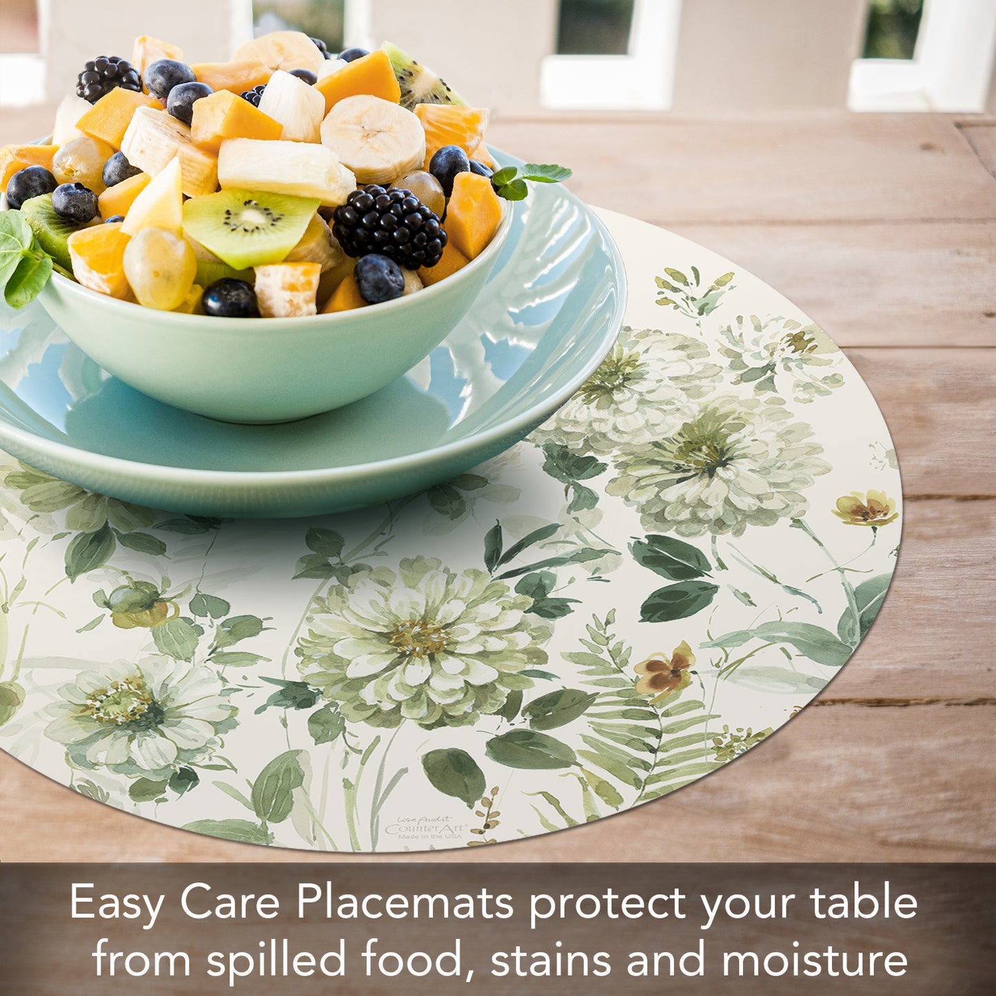 CounterArt Green Fields 4 Pack Round Reversible Easy Care Flexible Placemats Made in the USA