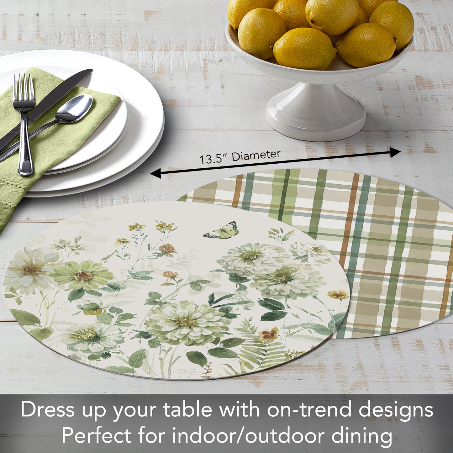 CounterArt Green Fields 4 Pack Round Reversible Easy Care Flexible Placemats Made in the USA