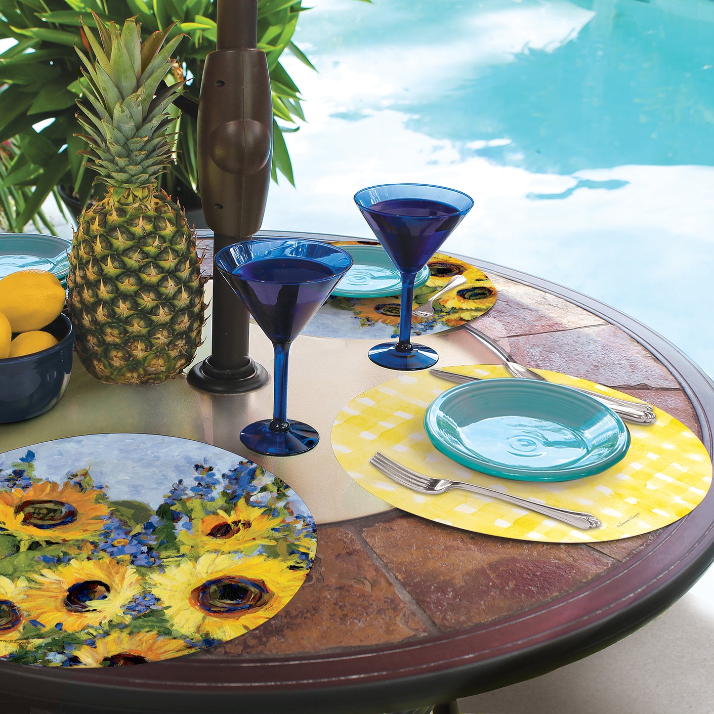 CounterArt Sunflower Gallery 4 Pack Round Reversible Easy Care Flexible Placemats Made in the USA