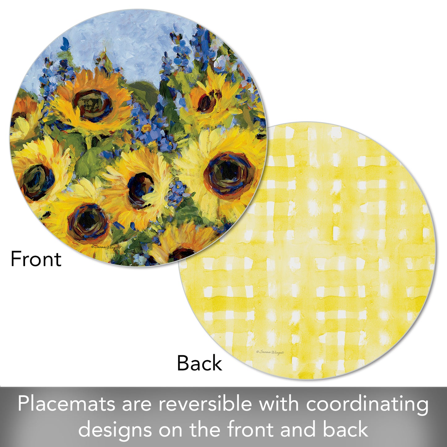 CounterArt Sunflower Gallery 4 Pack Round Reversible Easy Care Flexible Placemats Made in the USA
