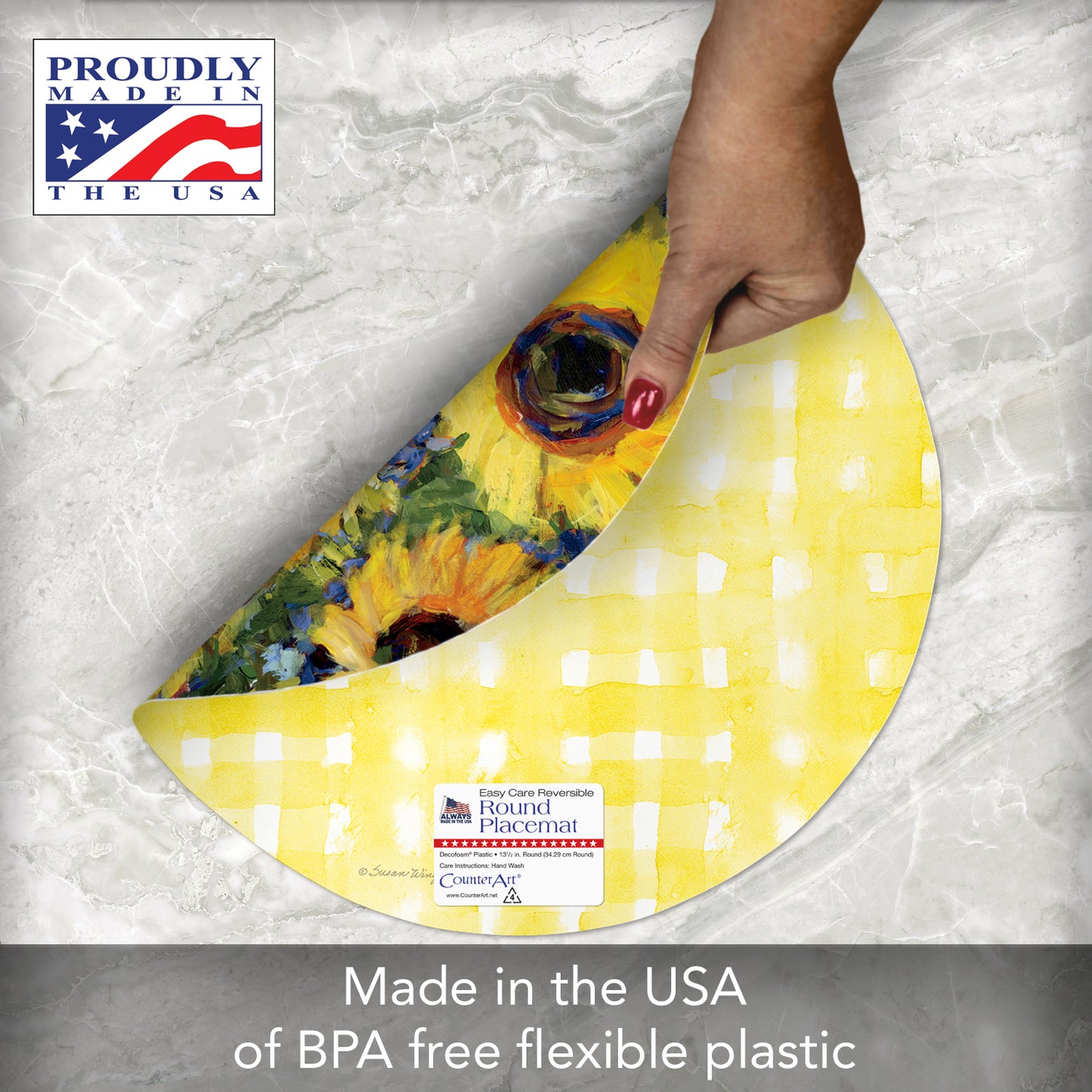 CounterArt Sunflower Gallery 4 Pack Round Reversible Easy Care Flexible Placemats Made in the USA