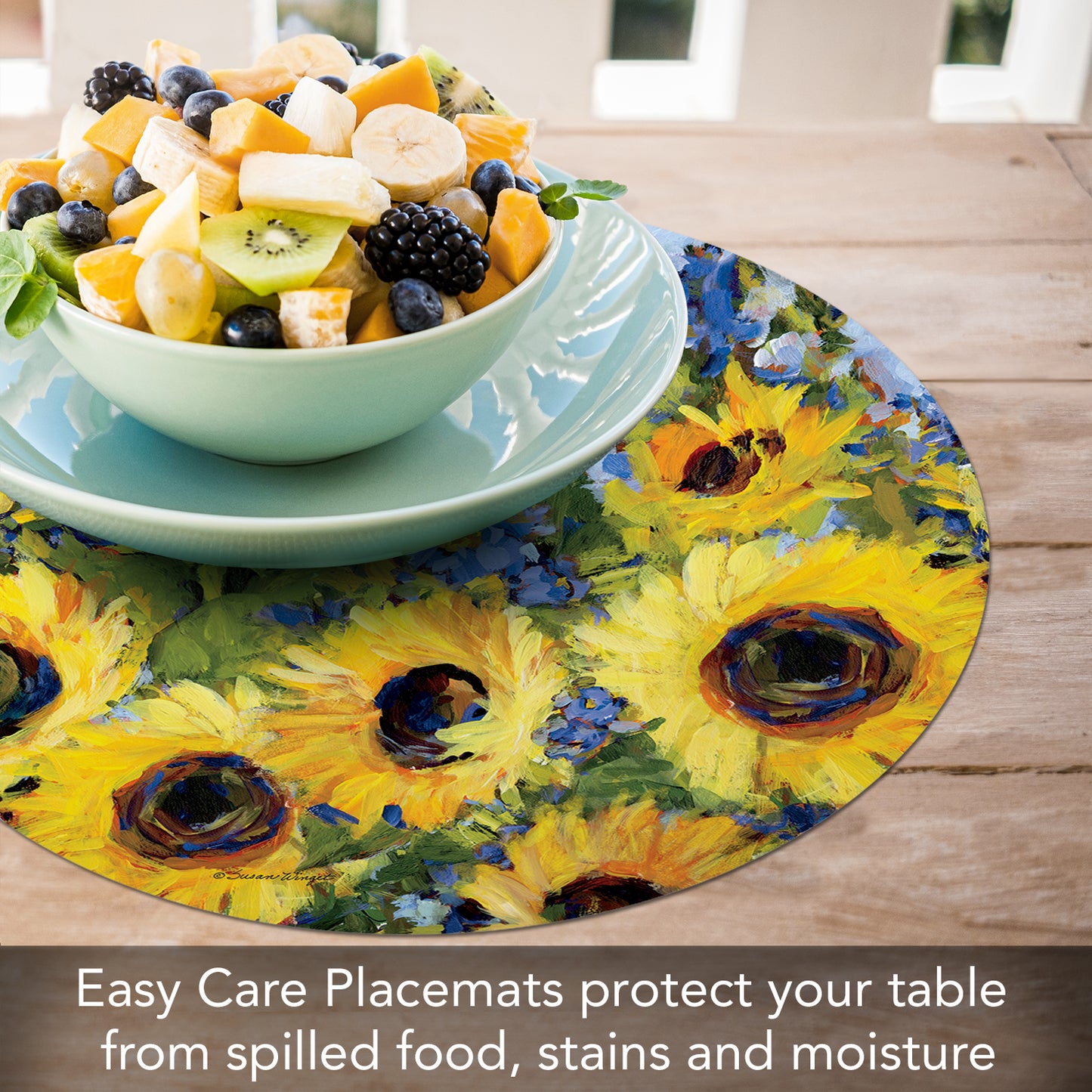 CounterArt Sunflower Gallery 4 Pack Round Reversible Easy Care Flexible Placemats Made in the USA
