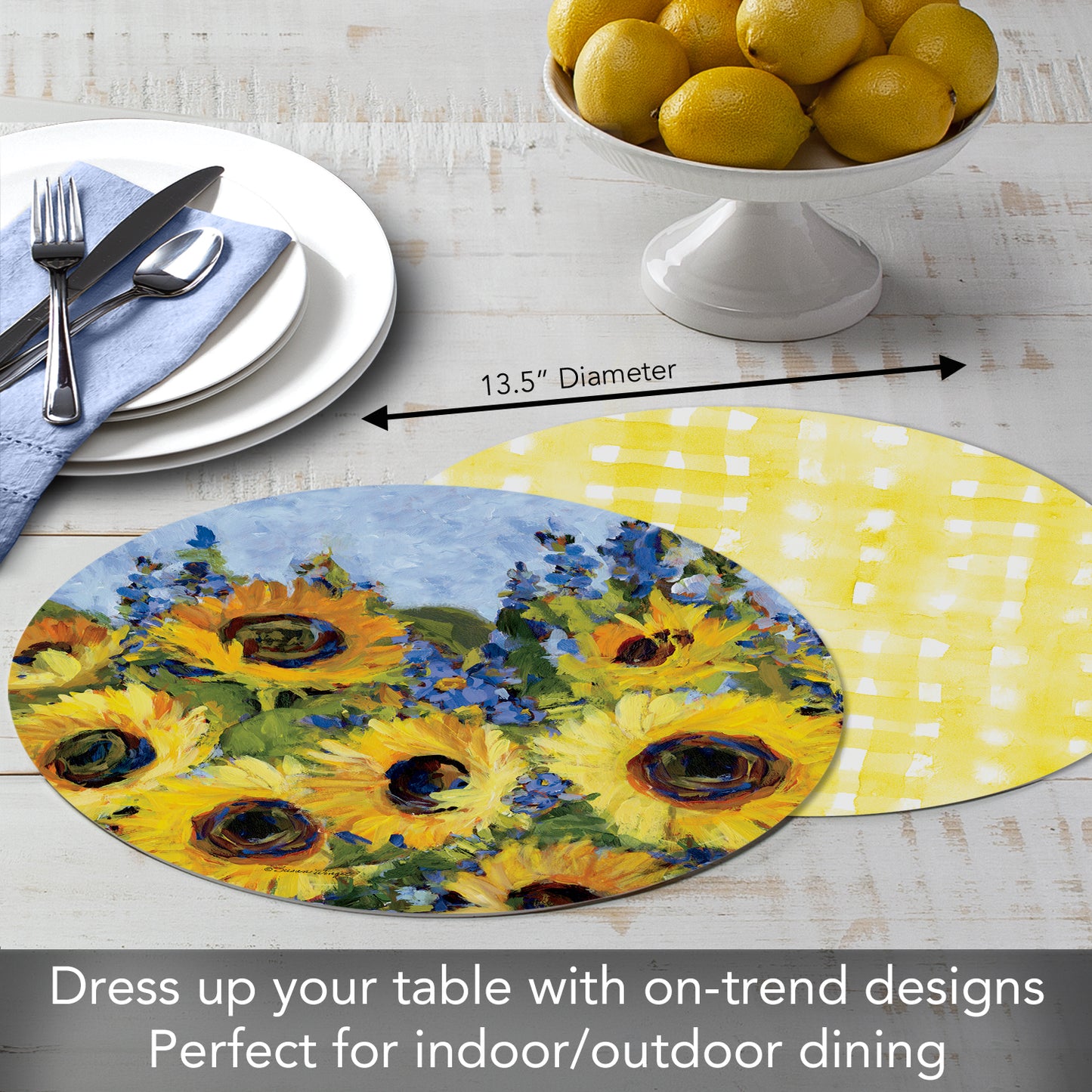 CounterArt Sunflower Gallery 4 Pack Round Reversible Easy Care Flexible Placemats Made in the USA