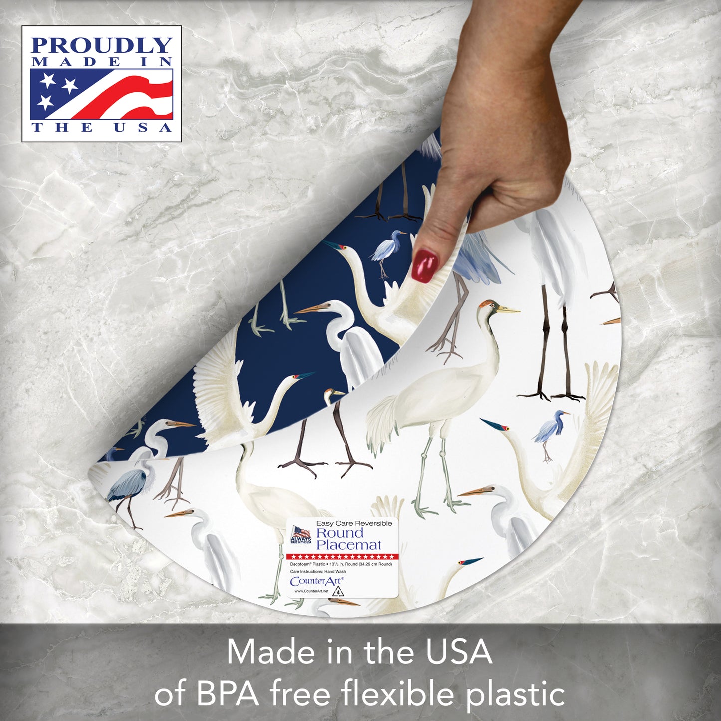 CounterArt Beachy Birds 4 Pack Round Reversible Easy Care Placemats Made in the USA