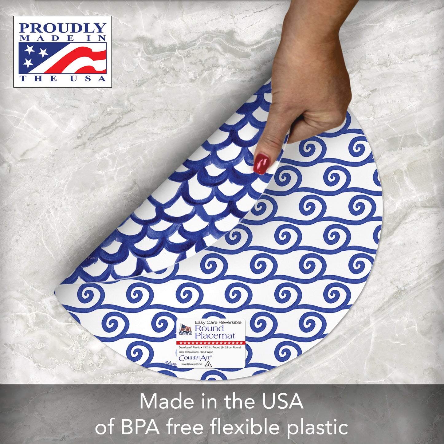 CounterArt Waves 4 Pack Round Reversible Easy Care Flexible Placemats Made in the USA