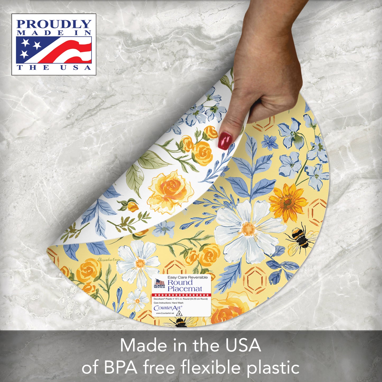 CounterArt Floral Bee 4 Pack Round Reversible Easy Care Flexible Placemats Made in the USA