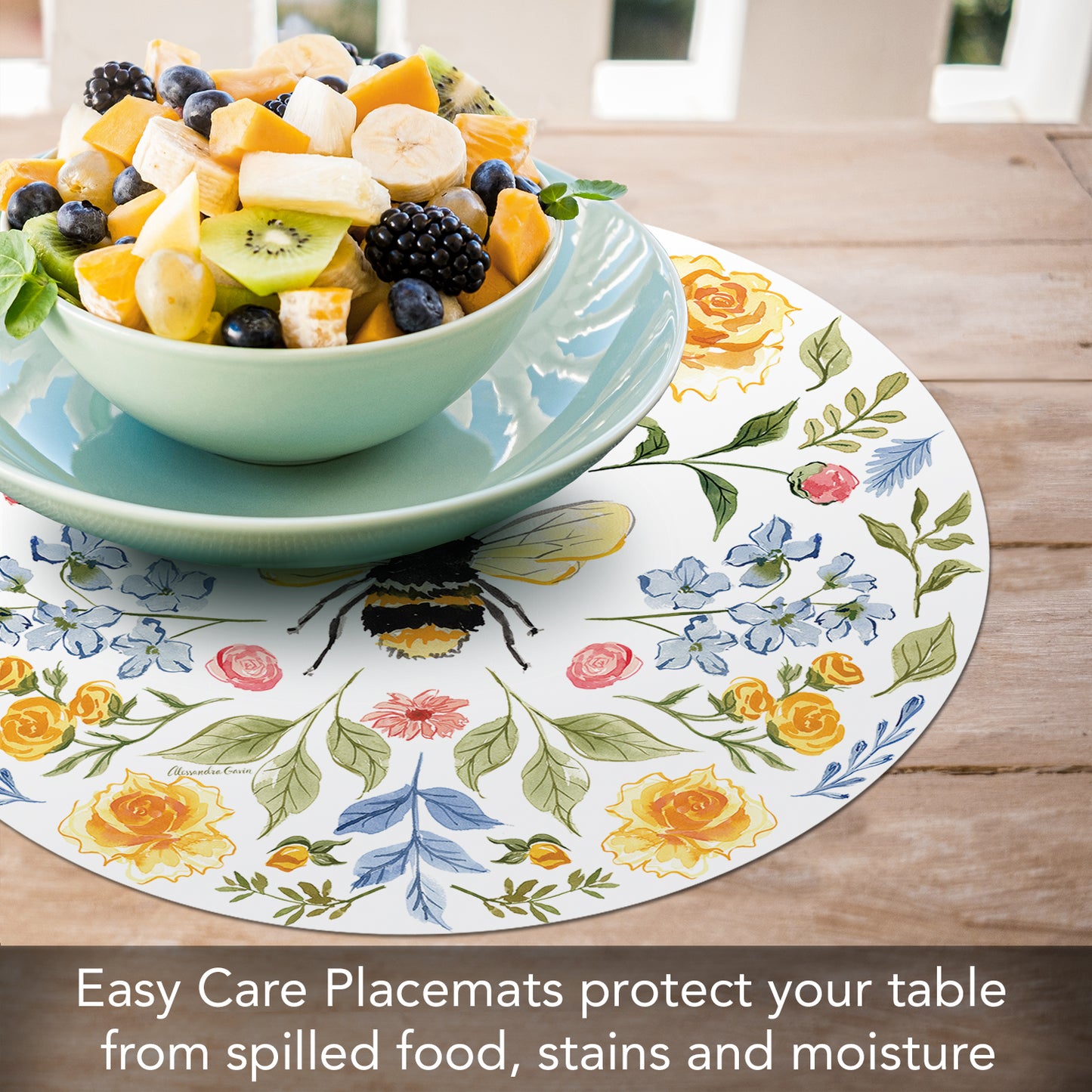 CounterArt Floral Bee 4 Pack Round Reversible Easy Care Flexible Placemats Made in the USA