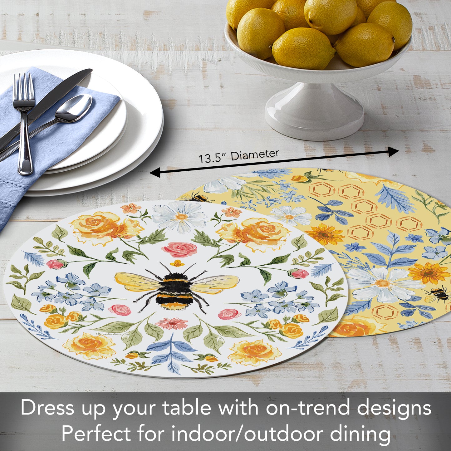CounterArt Floral Bee 4 Pack Round Reversible Easy Care Flexible Placemats Made in the USA