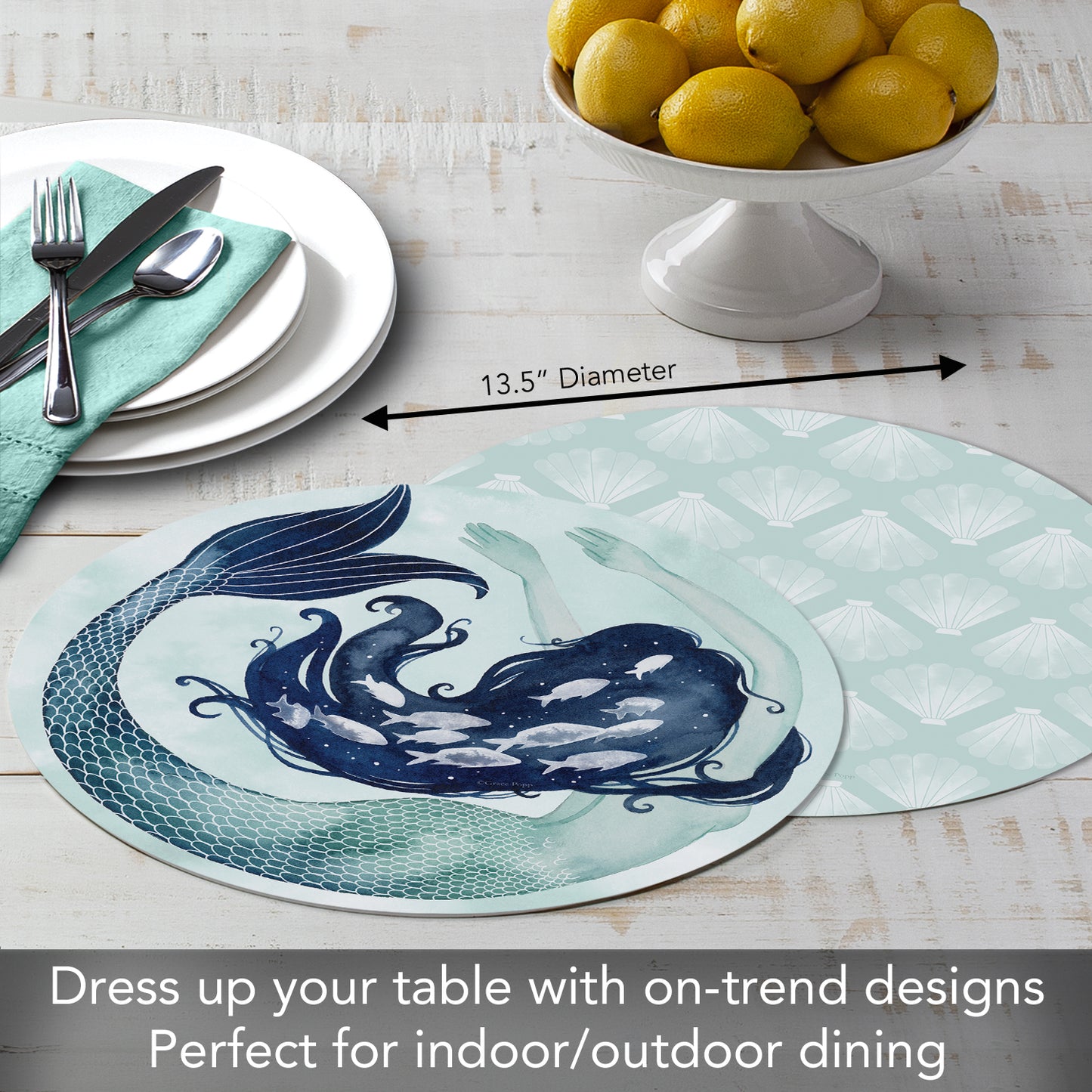 CounterArt Mermaid Scales 4 Pack Round Reversible Easy Care Placemats Made in the USA