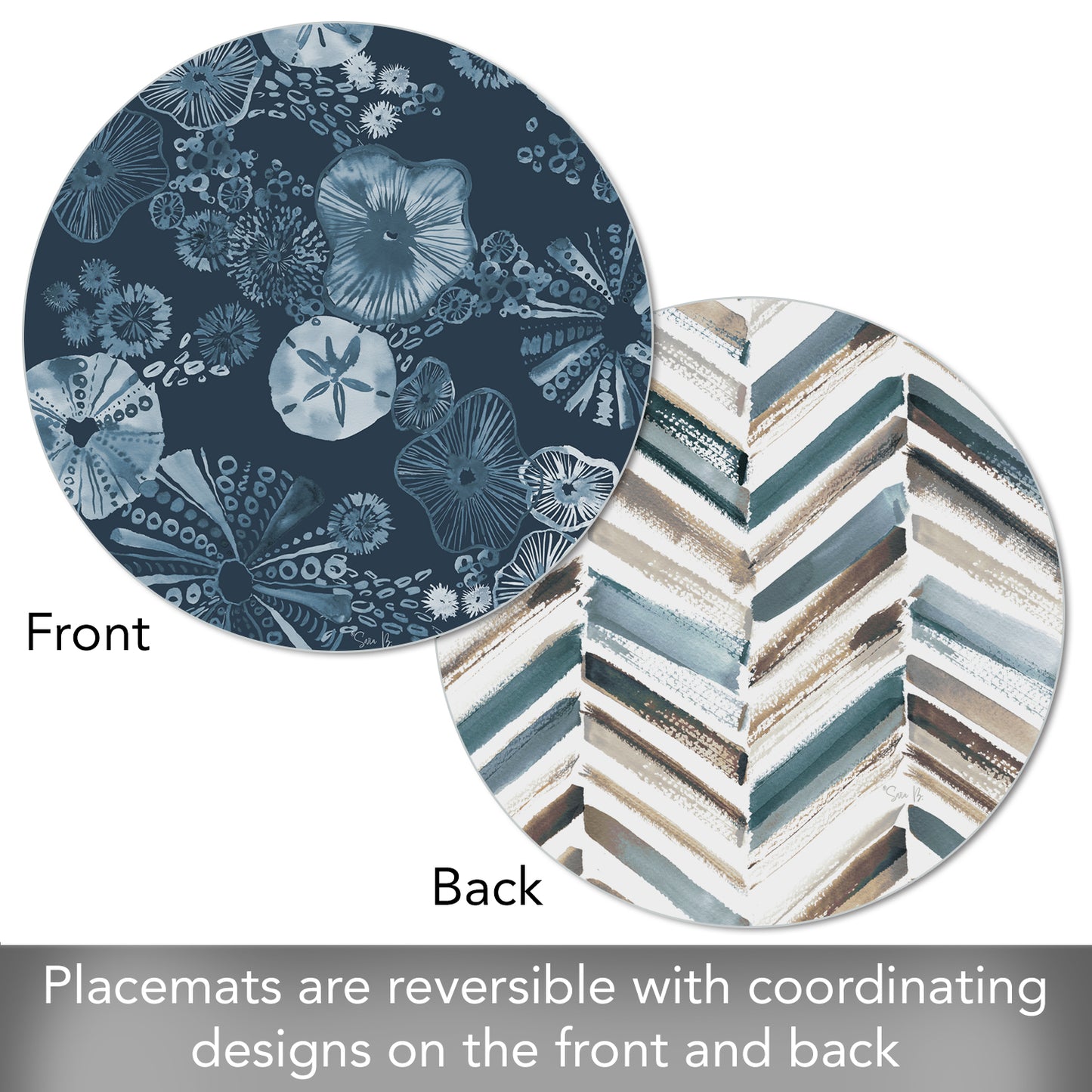 CounterArt Tidal Shells 4 Pack Round Reversible Easy Care Flexible Placemats Made in the USA