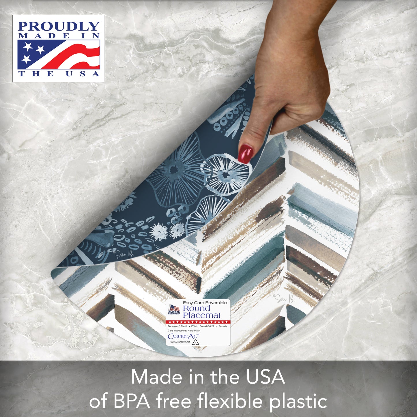 CounterArt Tidal Shells 4 Pack Round Reversible Easy Care Flexible Placemats Made in the USA