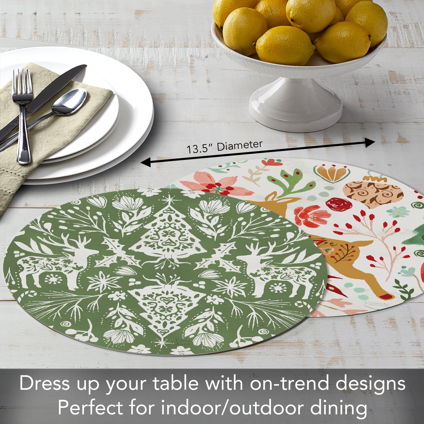 CounterArt Floral Reindeer 4 Pack Round Reversible Easy Care Flexible Placemats Made in the USA