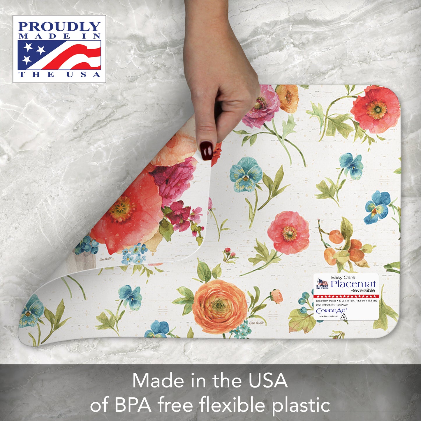 Counterart Country Fresh Flowers 4 Pack Reversible Easy Care Flexible Placemats Made in the USA