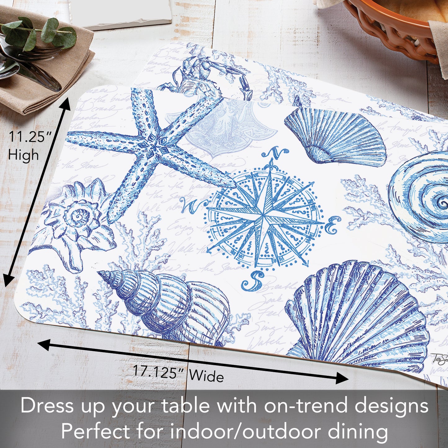 CounterArt Coastal Sketch 4 Pack Reversible Easy Care Flexible Placemats Made in the USA