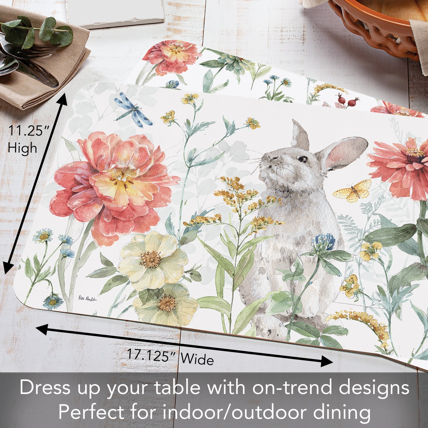 CounterArt Spring Meadow Bunny 4 Pack Reversible Easy Care Flexible Placemats Made in the USA (Copy)