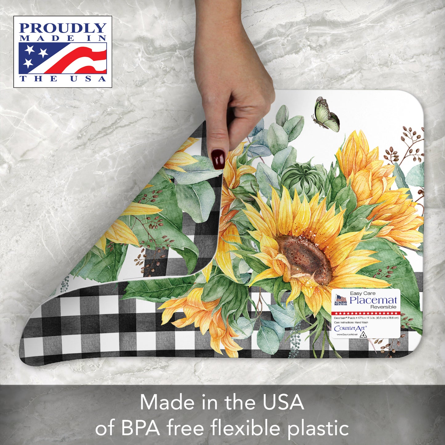 CounterArt Sunflower Fields Reversible Easy Care Flexible Placemats 4 Pack Made in the USA