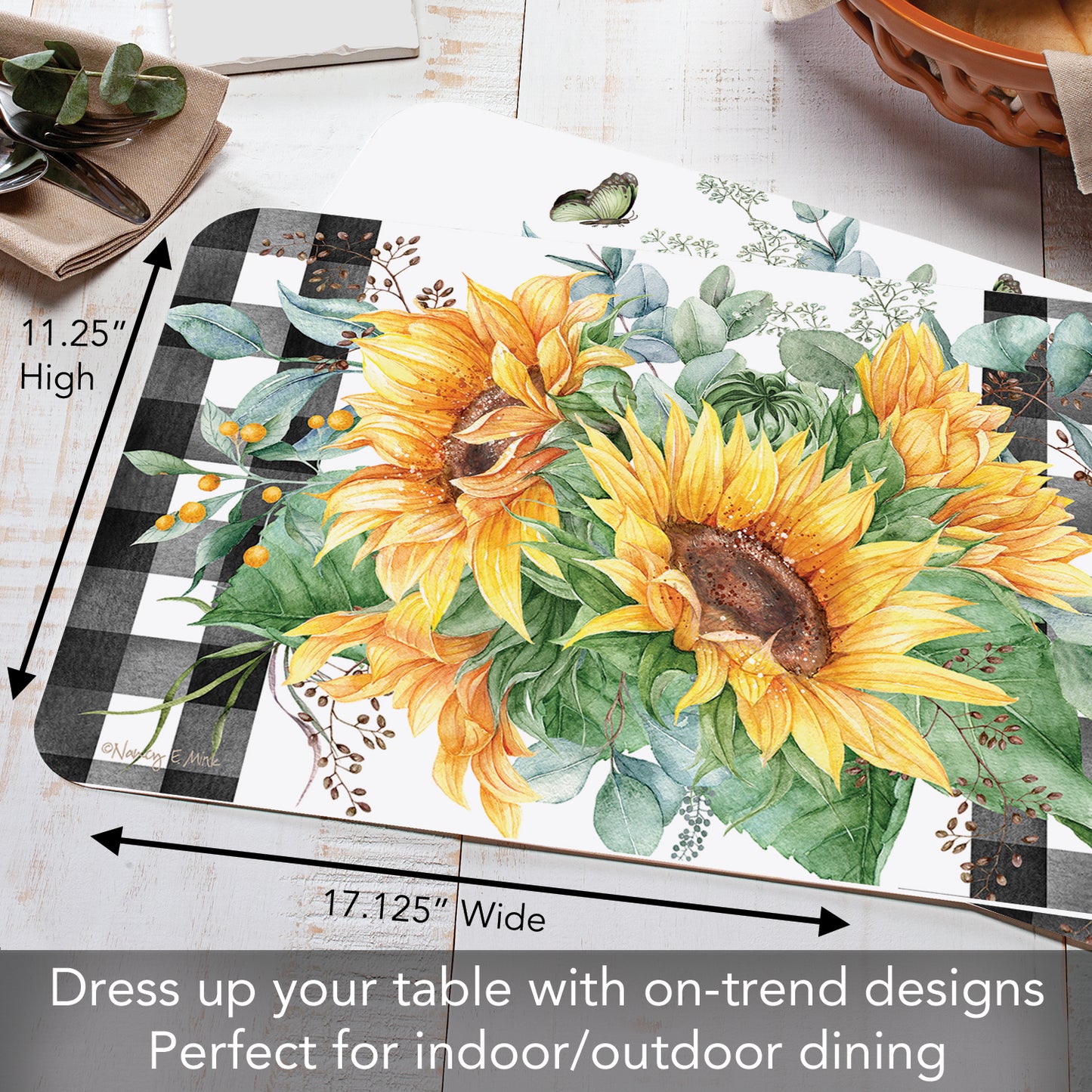 CounterArt Sunflower Fields Reversible Easy Care Flexible Placemats 4 Pack Made in the USA