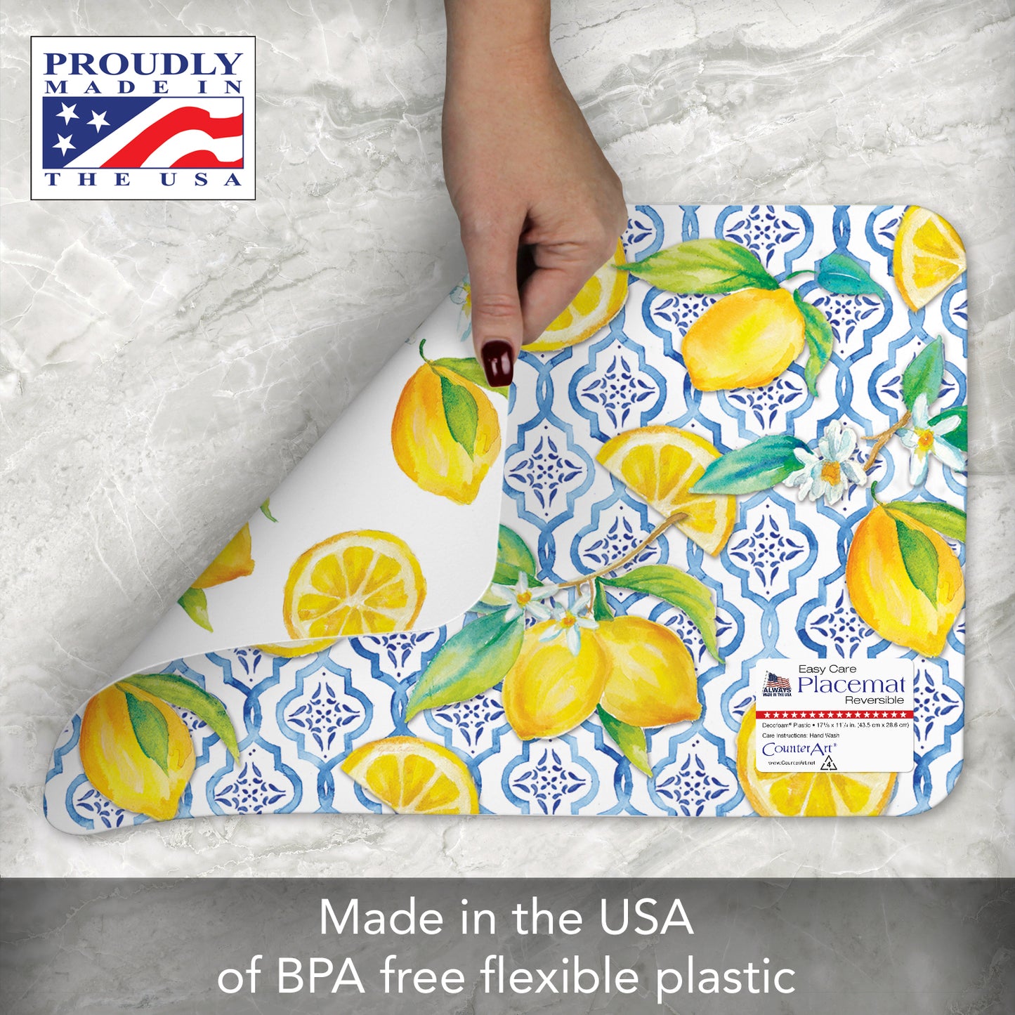 CounterArt Lovely Lemons 4 Pack Reversible Easy Care Flexible Placemats Made in the USA